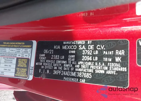 2021 Kia Forte Lxs from USA, damaged, VIN 3KPF24AD3ME387685